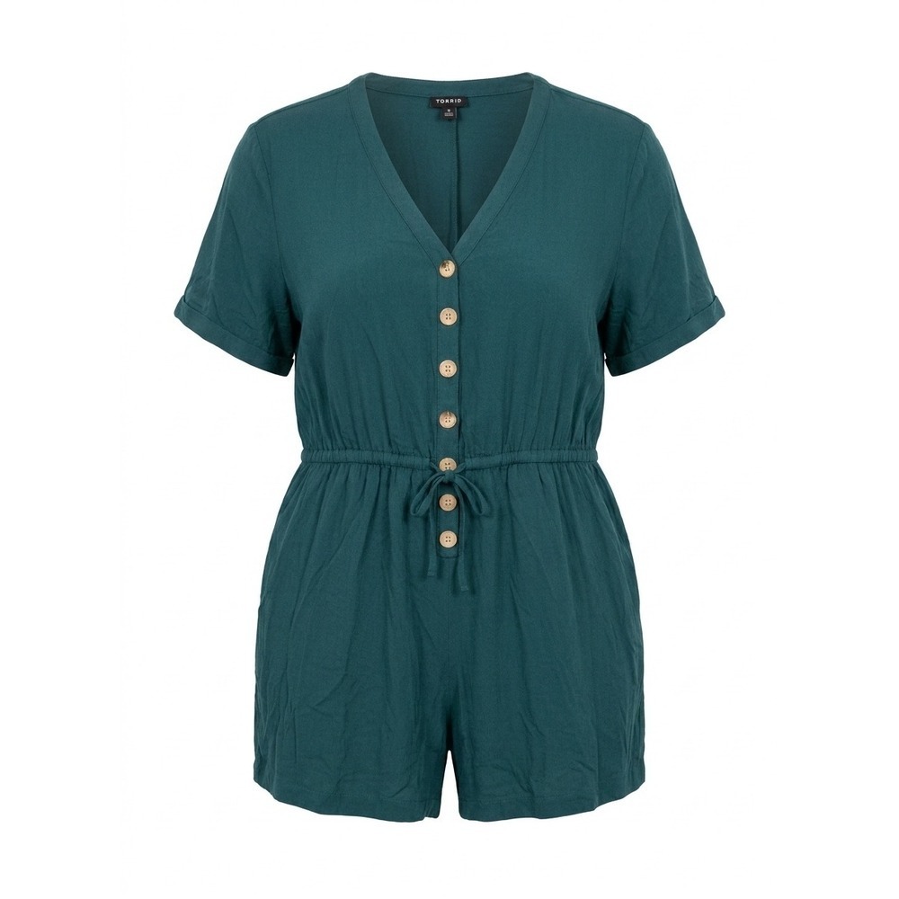 Torrid Teal Green Button Front Short Sleeve Romper Size 0X Plus Size Rayon Slub